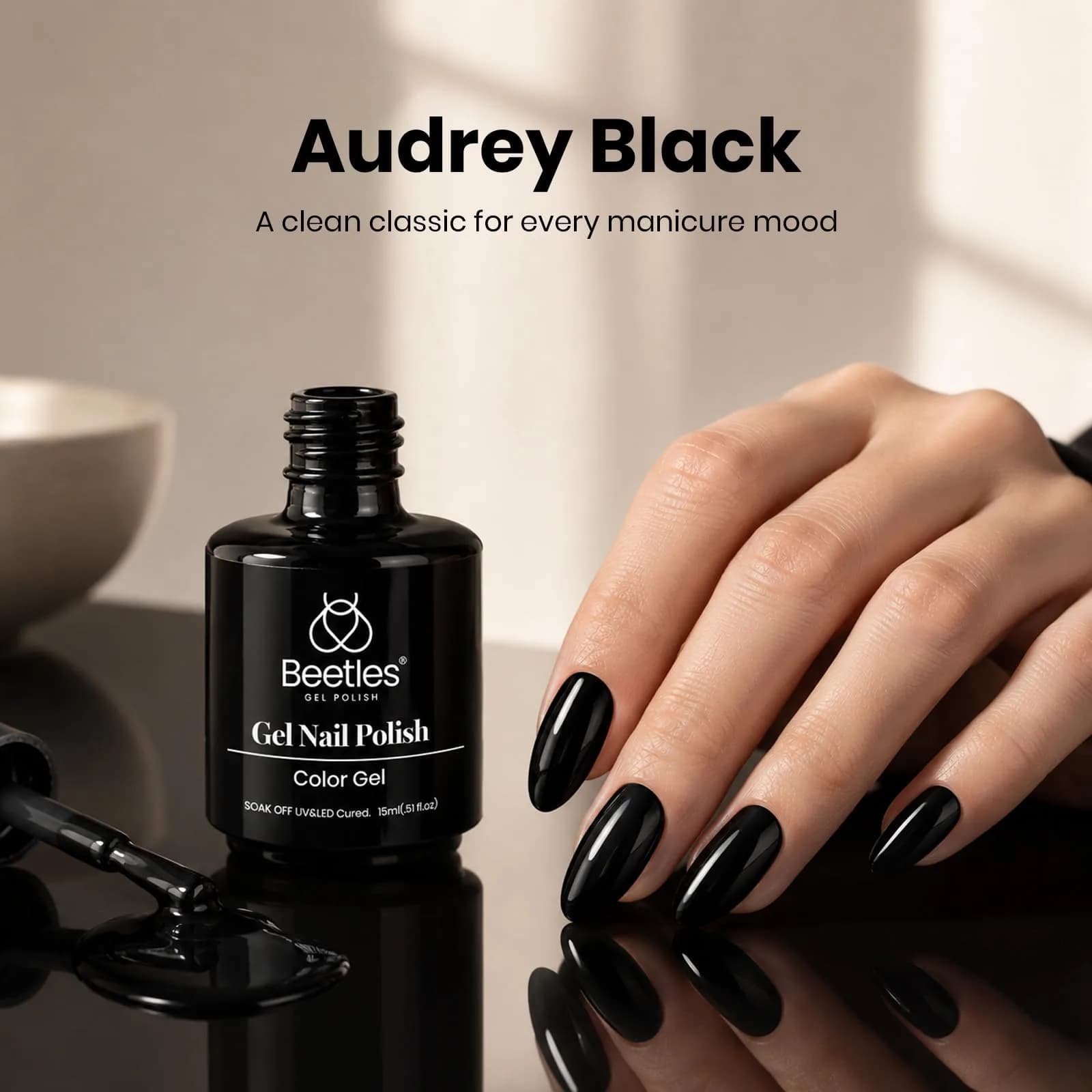 Beetles Gel Polish Audrey Black 15ml | Deep Black Cream Gel Nail Polish for a Bold Manicure - view 3