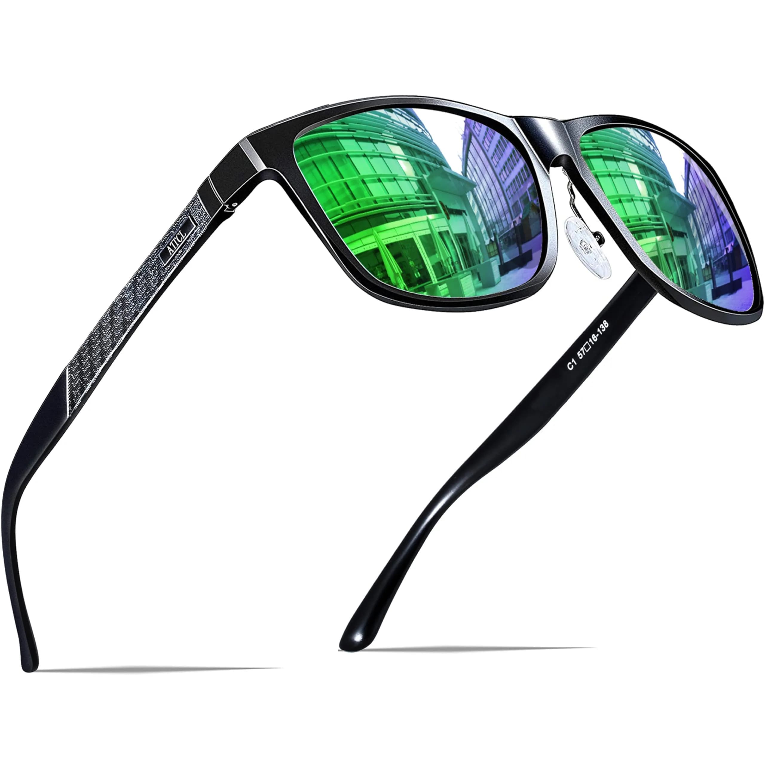 ATTCL Men's Black-Green Polarized Sunglasses - Ultralight Al-Mg Metal Frame, UV400 Mirrored Lenses - main product image