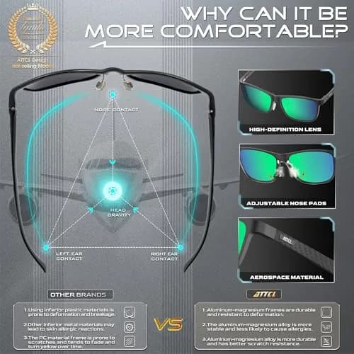 ATTCL Men's Black-Green Polarized Sunglasses - Ultralight Al-Mg Metal Frame, UV400 Mirrored Lenses thumbnail 4