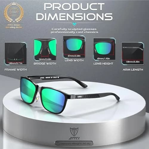 ATTCL Men's Black-Green Polarized Sunglasses - Ultralight Al-Mg Metal Frame, UV400 Mirrored Lenses thumbnail 2
