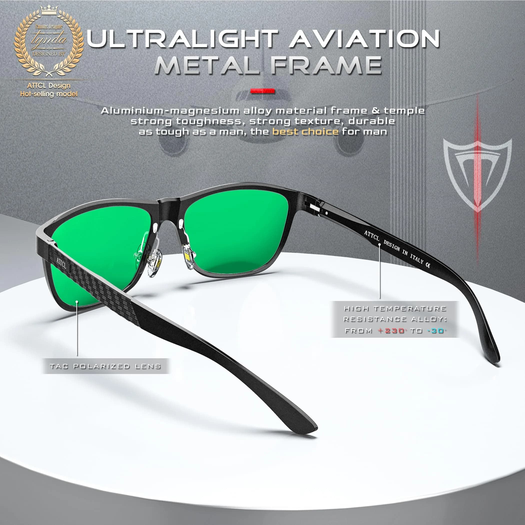 ATTCL Men's Black-Green Polarized Sunglasses - Ultralight Al-Mg Metal Frame, UV400 Mirrored Lenses - view 3