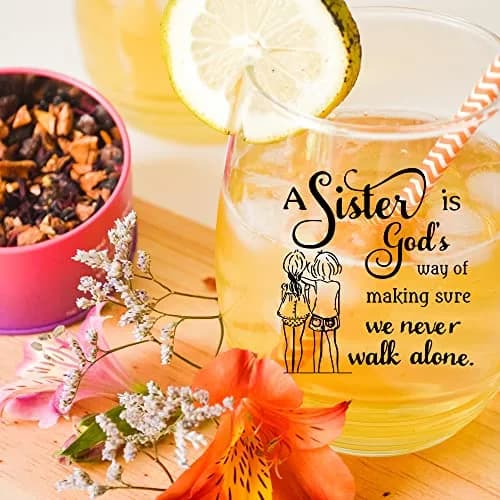 HAYOOU Sister Gifts from Sister -15oz Wine Glass, Mother's Day, Christmas Birthday Gifts for Sisters -A Sister's God Way of Making Sure We Never Walk Alone thumbnail 5