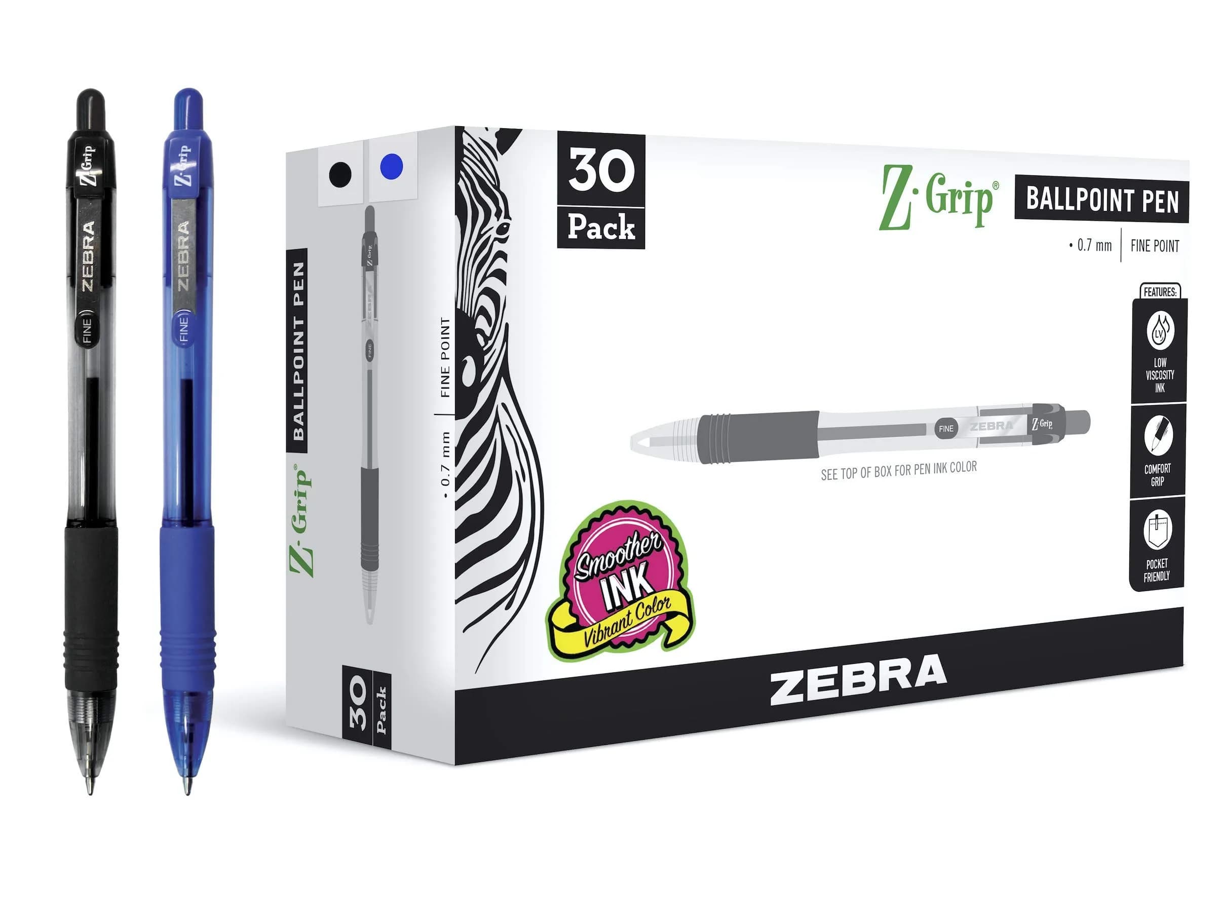 Zebra Pen Z-Grip Retractable Ballpoint Pens, Black/Blue Ink, 0.7mm, 30-Pack | Smooth Writing for Students & Professionals - main product image