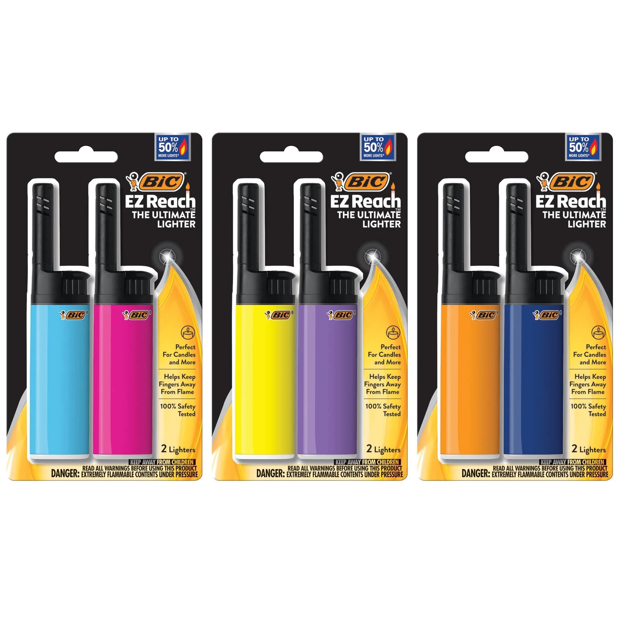 BIC EZ Reach Candle Lighter 6 Count Pack | Child-Resistant, Assorted Colors, 1.45-inch Wand for Candles & Grills — Classic