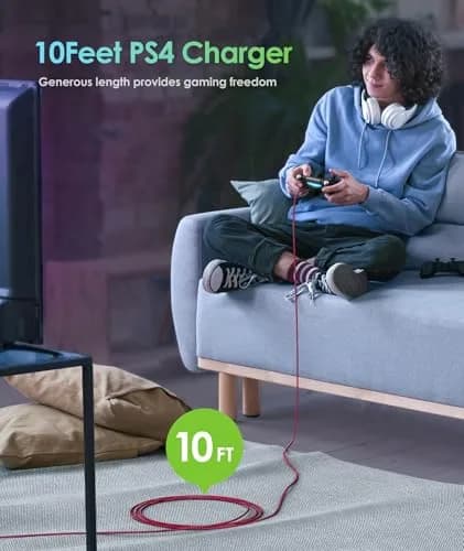 6amLifestyle PS4 Controller Charger Cable 2 Pack 10ft | Braided Nylon Micro USB Cord for PlayStation 4, Xbox One, Android Phones thumbnail 2