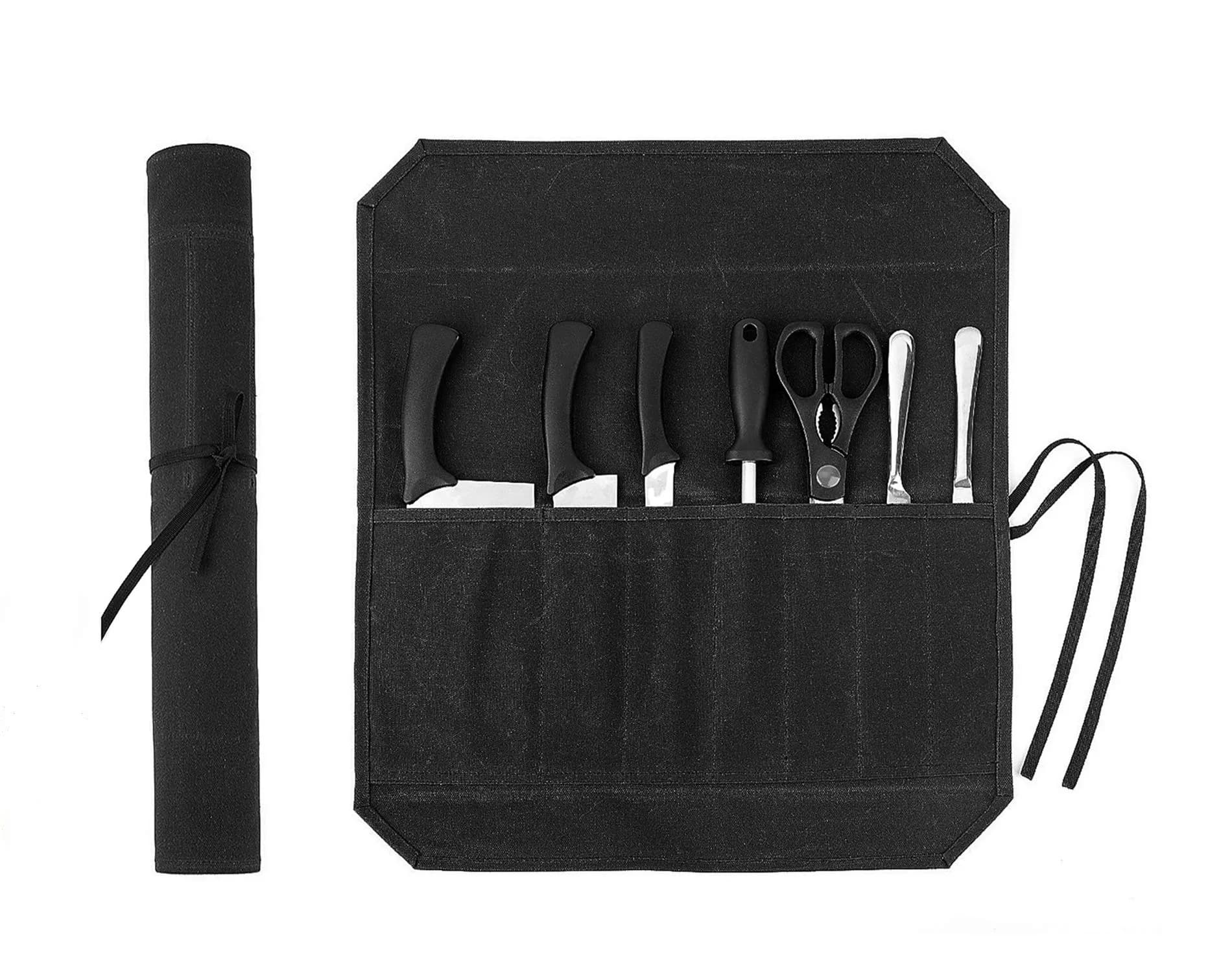 Denifiter Heavy Duty Waxed Canvas Chef Knife Roll Bag with 7 Slots | Holds Knives up to 17" (Black) — Black
