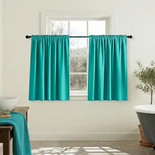 Mrs.Naturall Turquoise Blackout Short Curtains 36 Inch | Modern Microfiber, 2 Panels, Bedroom & Kitchen thumbnail 1