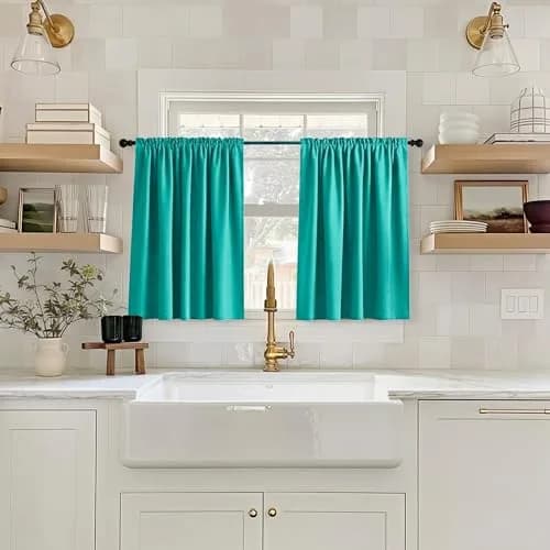 Mrs.Naturall Turquoise Blackout Short Curtains 36 Inch | Modern Microfiber, 2 Panels, Bedroom & Kitchen thumbnail 3