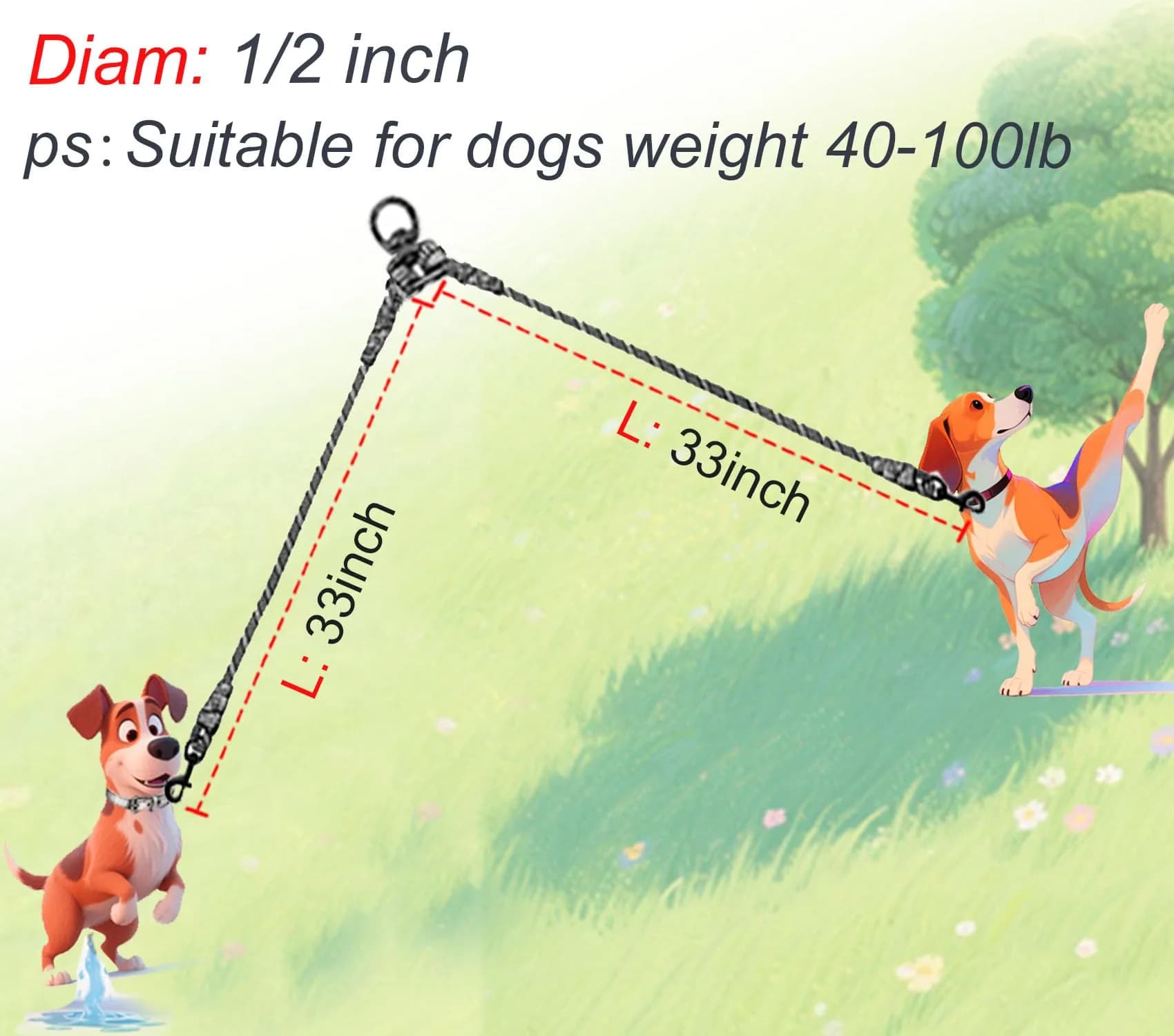Mycicy Pinkblue Double Dog Leash Coupler 1.27cm (1/2") D x 83.82cm (33") L | Tangle-Free Dual Lead for Large Dogs - view 3