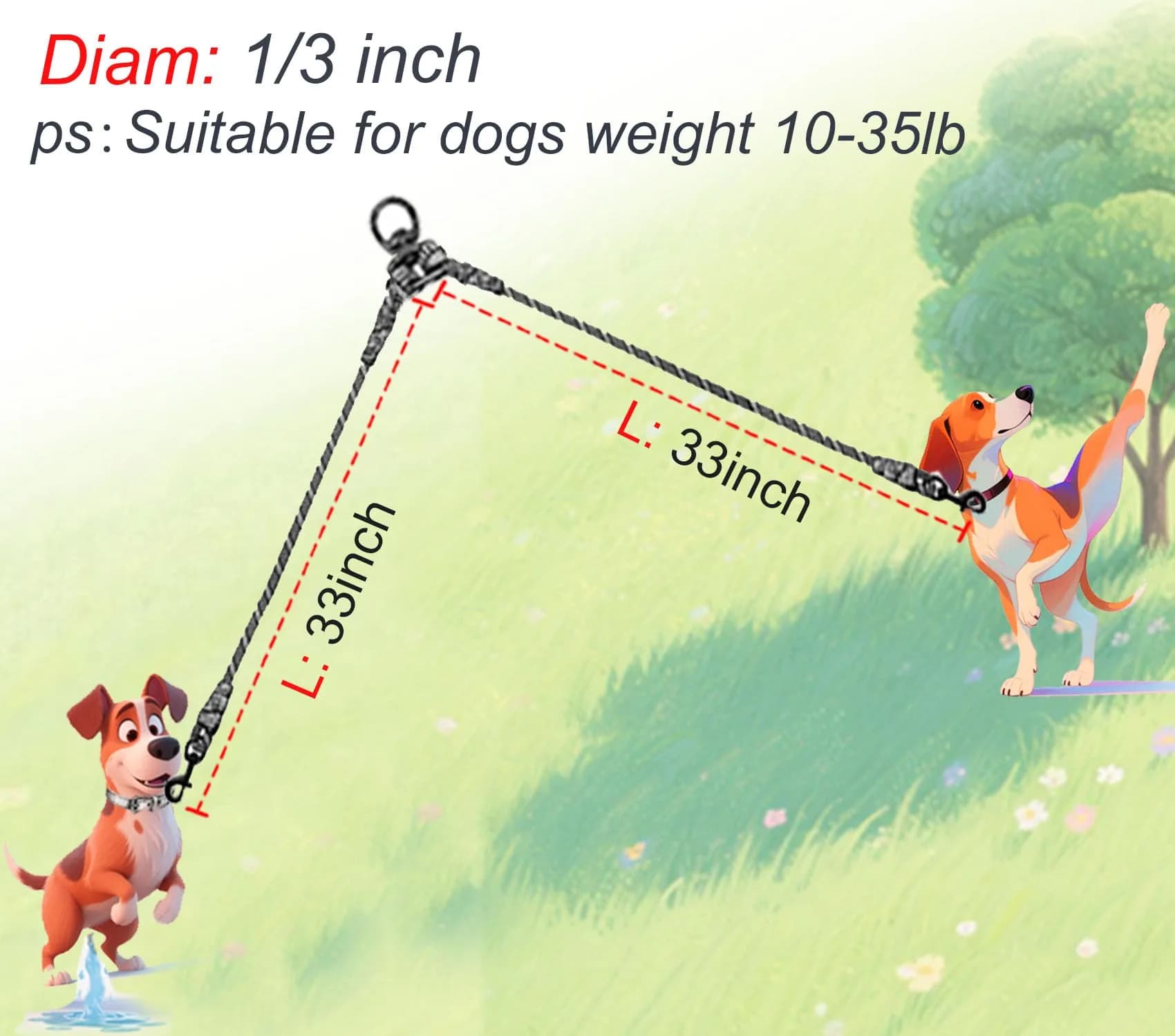 Mycicy Double Dog Leash Coupler 0.8cm (1/3") x 84cm (33") | Tangle-Free Dual Dog Lead for 4.5-16kg Dogs - view 2
