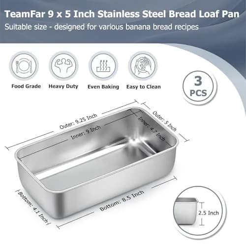 TeamFar Stainless Steel Loaf Pan Set of 3, 9.25 x 5 Inch (23.5 x 12.7 cm) | Healthy Baking for Bread & Meatloaf thumbnail 2