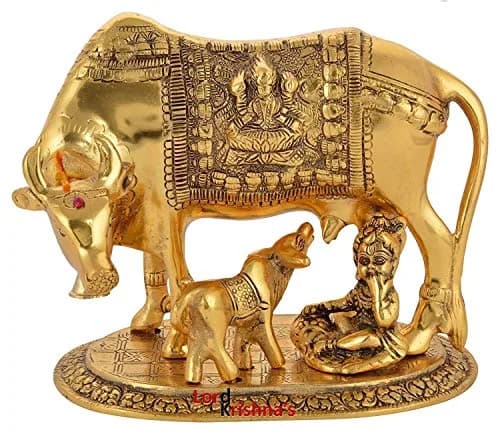 SAUDEEP INDIA Oxidised Metal Kamdhenu Cow and Calf Statue with Bal Gopal | 17.78cm (7 Inch) Traditional Religious Figurine thumbnail 4