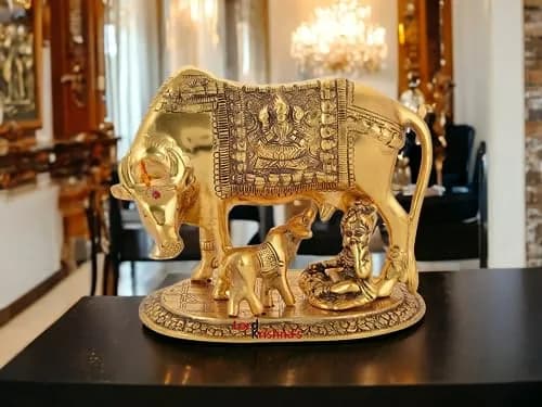 SAUDEEP INDIA Oxidised Metal Kamdhenu Cow and Calf Statue with Bal Gopal | 17.78cm (7 Inch) Traditional Religious Figurine thumbnail 1