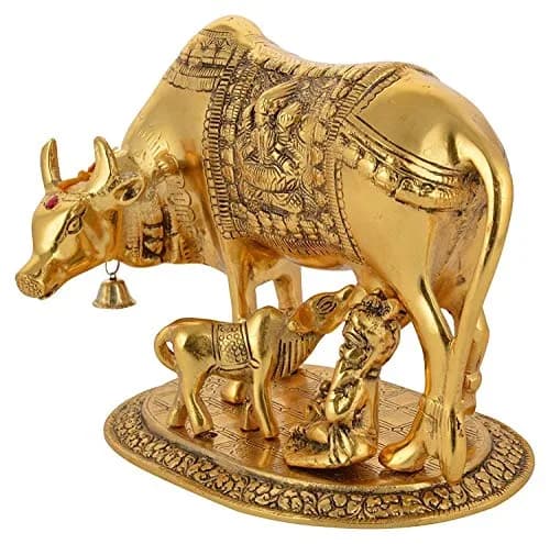 SAUDEEP INDIA Oxidised Metal Kamdhenu Cow and Calf Statue with Bal Gopal | 17.78cm (7 Inch) Traditional Religious Figurine thumbnail 2