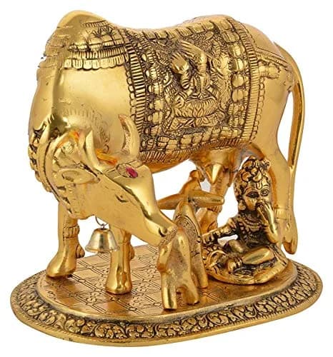 SAUDEEP INDIA Oxidised Metal Kamdhenu Cow and Calf Statue with Bal Gopal | 17.78cm (7 Inch) Traditional Religious Figurine thumbnail 3