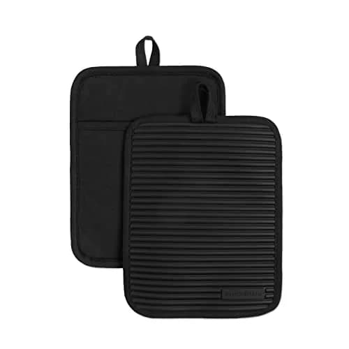 KitchenAid Ribbed Soft Silicone Pot Holder 2-Pack Set, Matte Black, 18cm x 23cm (7"x9") | Heat Resistant Up to 500°F — Matte Black
