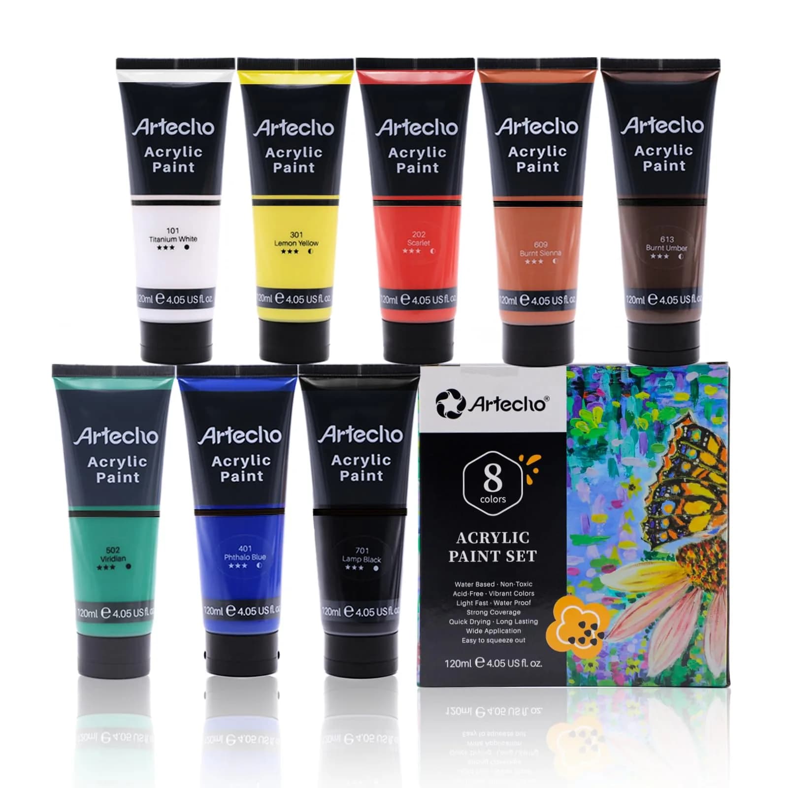 Artecho Acrylic Paint Burnt Umber 120ml | Fast Dry, Gloss Finish, Non-Toxic for Canvas & Crafts — 8 Basic Colors / 32.4 Fl Oz