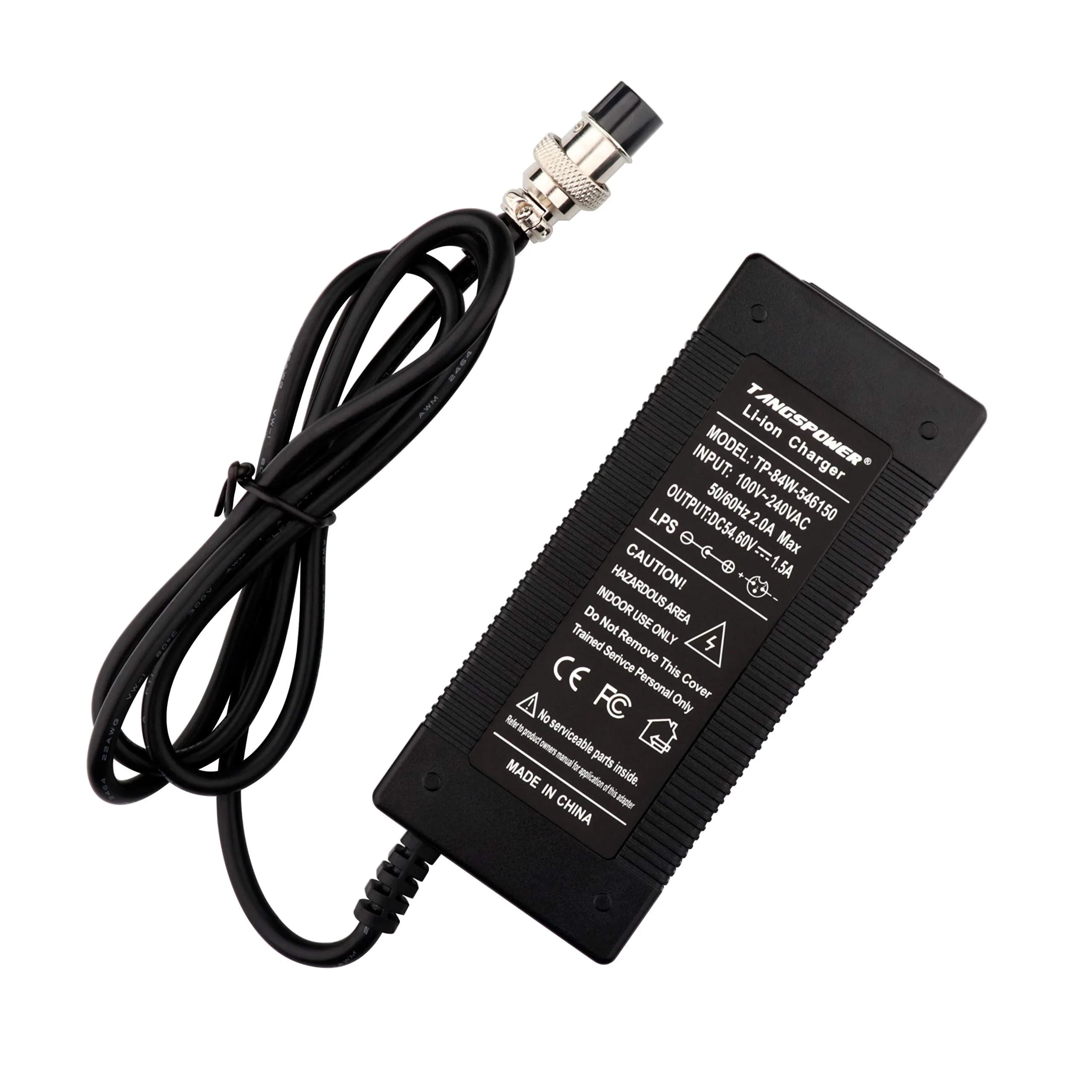TANGSPOWER 48v Battery Charger 54.6V 48Volt Power Supply Adapter for Lithium Batteries — Silver GX16 3prong inline