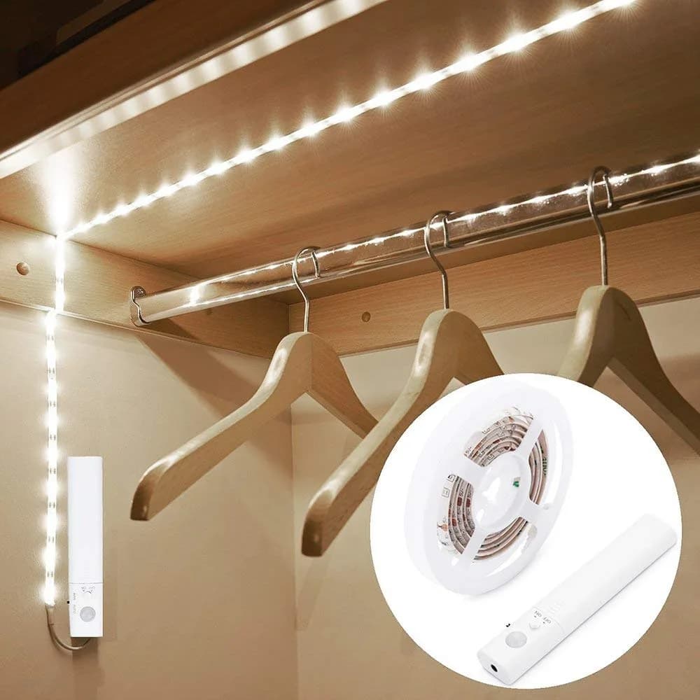 KUCAM Motion Sensor Wardrobe Light 1.5M | PIR Auto on/Off, Battery Powered, 6000K White for Closet & Bedroom — White