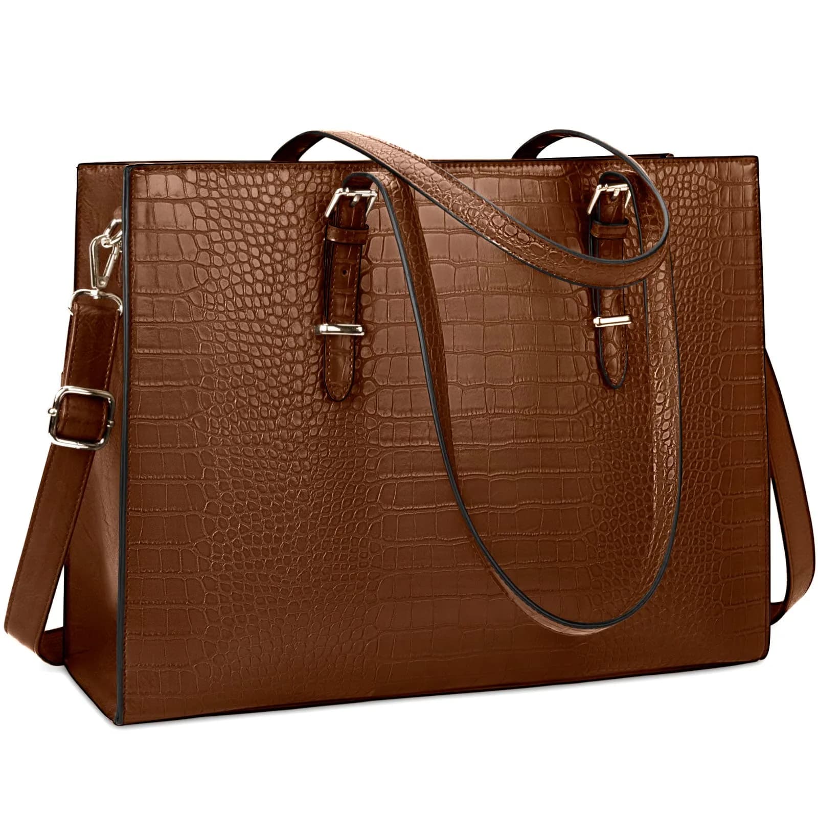 Lubardy Black Crocodile Leather Tote Bag for Women 15.6 Inch | Water-Resistant Work Briefcase — Coffee
