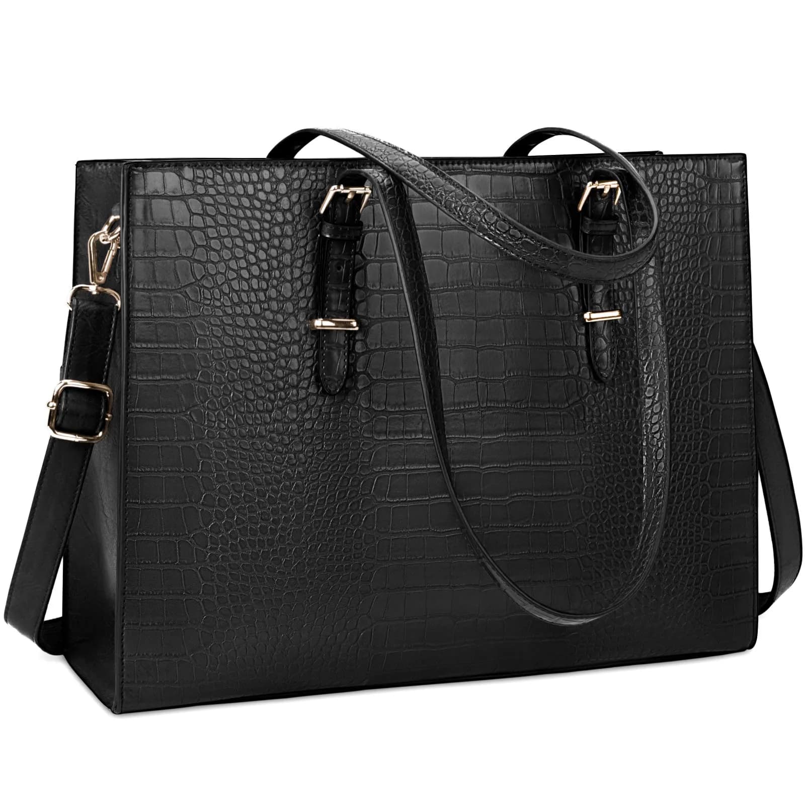 Lubardy Black Crocodile Leather Tote Bag for Women 15.6 Inch | Water-Resistant Work Briefcase — Black