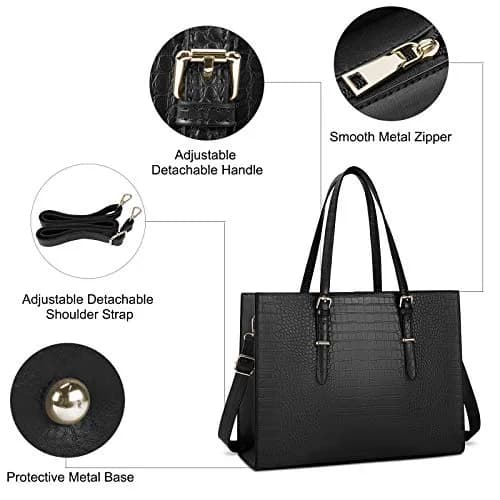 Lubardy Black Crocodile Leather Tote Bag for Women 15.6 Inch | Water-Resistant Work Briefcase thumbnail 4