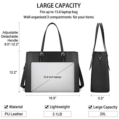 Lubardy Black Crocodile Leather Tote Bag for Women 15.6 Inch | Water-Resistant Work Briefcase thumbnail 5