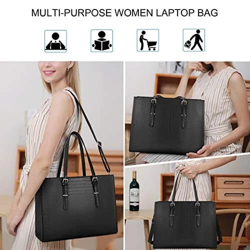 Lubardy Black Crocodile Leather Tote Bag for Women 15.6 Inch | Water-Resistant Work Briefcase thumbnail 2