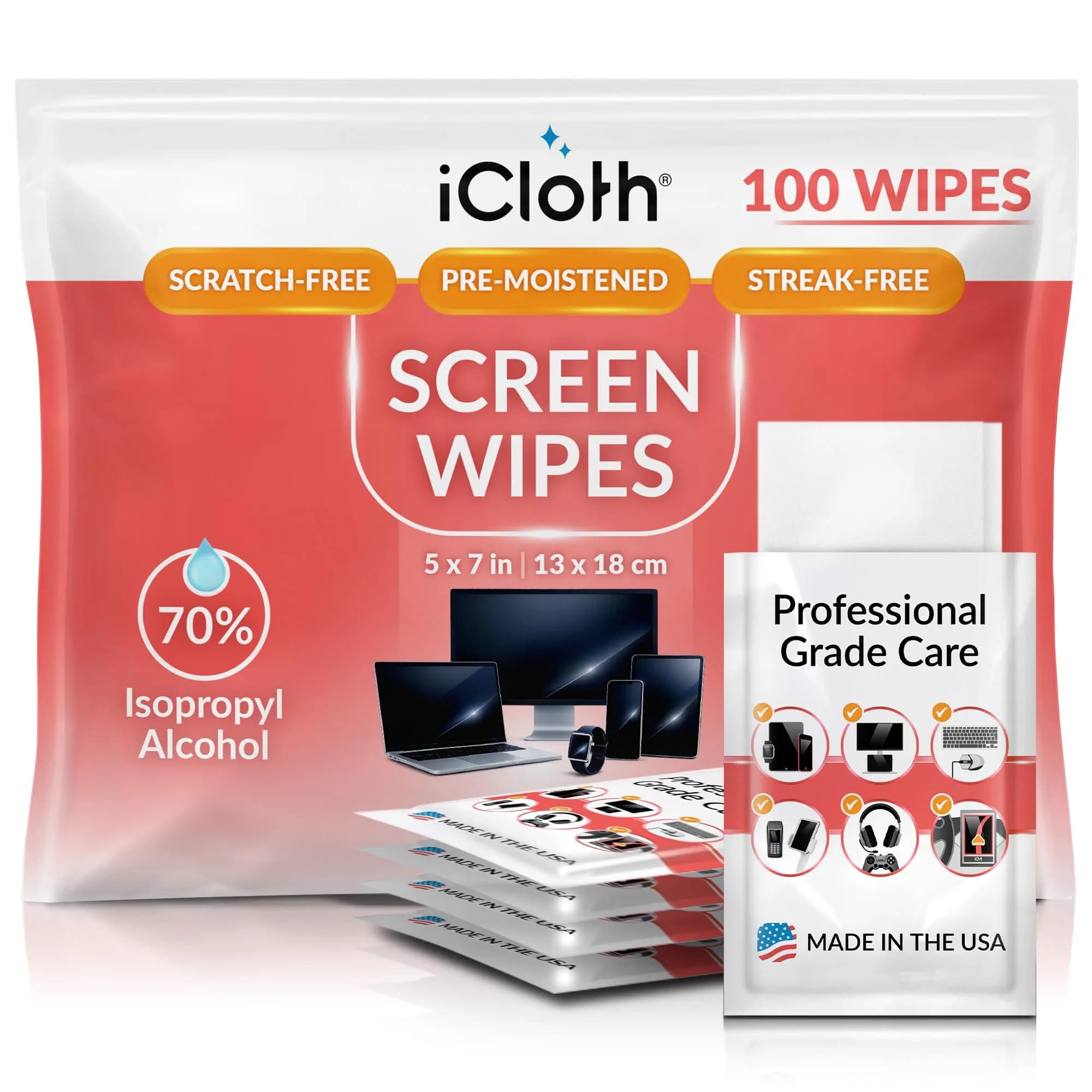 iCloth 70% Isopropyl Alcohol Large Screen & Electronics Wipes, 100 Wipes | Streak-Free, Fast-Drying, Lint-Free — White & Red Package – White Wipes