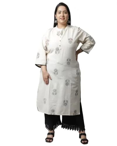 Rajnandini Women's Cotton Jaipuri Printed Kurti Small (45 inches length) | Straight Fit 3/4 Sleeve Round Neck thumbnail 1