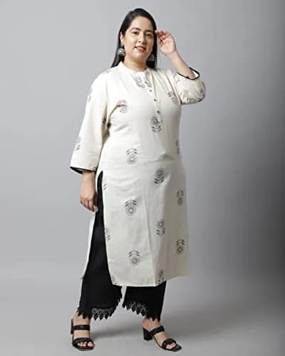 Rajnandini Women's Cotton Jaipuri Printed Kurti Small (45 inches length) | Straight Fit 3/4 Sleeve Round Neck thumbnail 4
