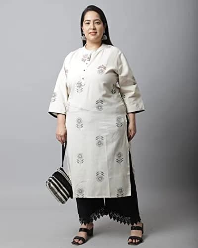 Rajnandini Women's Cotton Jaipuri Printed Kurti Small (45 inches length) | Straight Fit 3/4 Sleeve Round Neck thumbnail 5