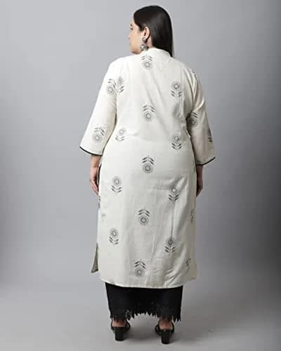 Rajnandini Women's Cotton Jaipuri Printed Kurti Small (45 inches length) | Straight Fit 3/4 Sleeve Round Neck thumbnail 2