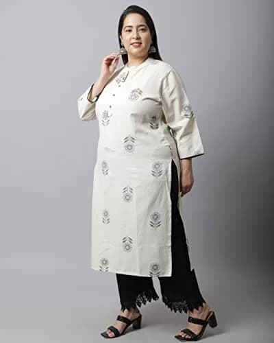 Rajnandini Women's Cotton Jaipuri Printed Kurti Small (45 inches length) | Straight Fit 3/4 Sleeve Round Neck thumbnail 3