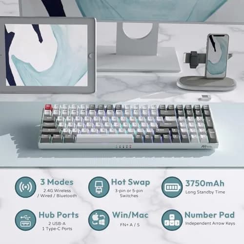 RK ROYAL KLUDGE RK100 Wireless Mechanical Keyboard RGB Backlit Bluetooth5.1/2.4G/Wired 96% Full Size 100-Key Hot Swappable Brown Switch Classic | Gaming Keyboard with Custom RGB thumbnail 5