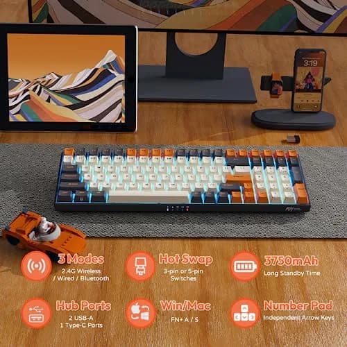 RK ROYAL KLUDGE RK100 Wireless Mechanical Keyboard RGB Backlit Bluetooth5.1/2.4G/Wired 96% Full Size 100-Key Hot Swappable Blue Switch Carbon | Compact Gaming Keyboard thumbnail 5