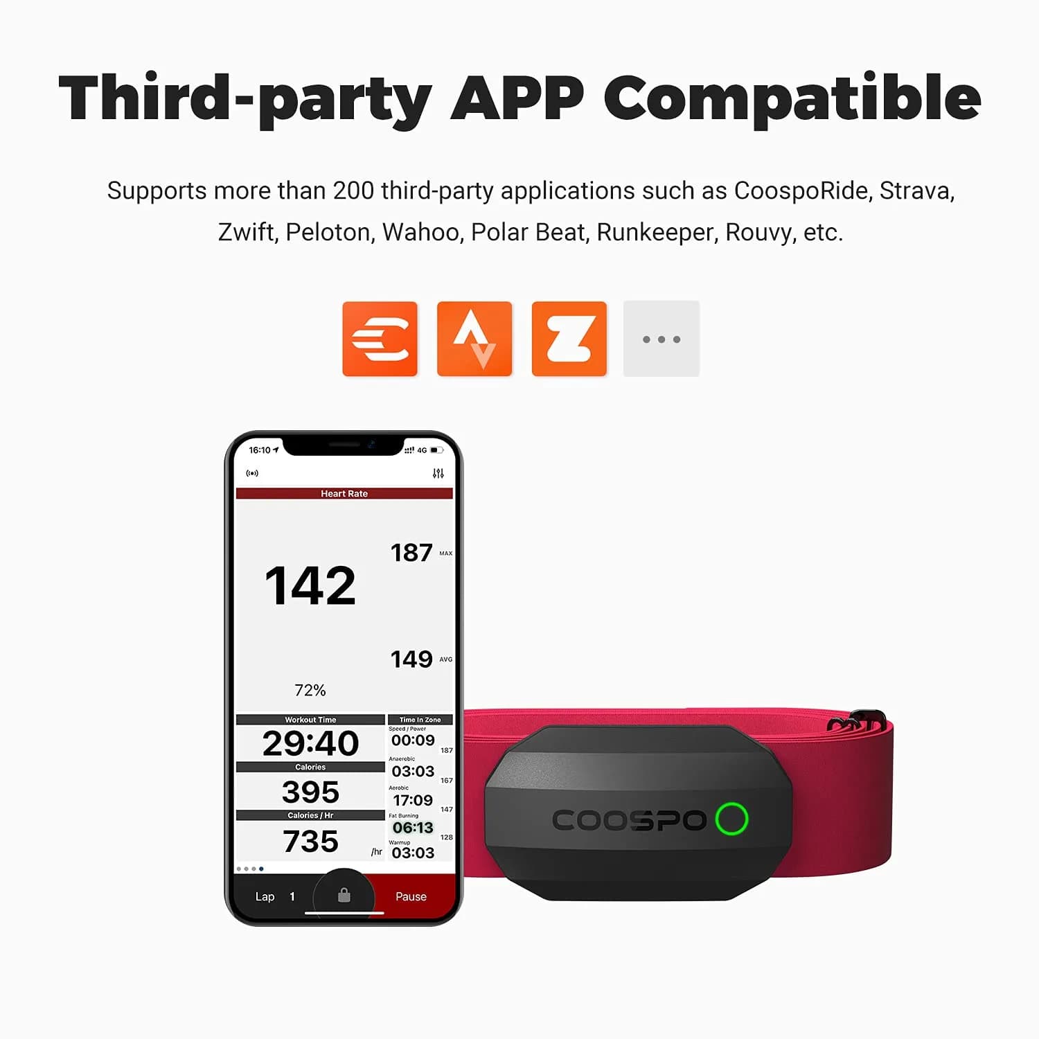 CooSpo H808S Heart Rate Monitor Chest Strap - Black Red | ±1BPM Accurate, ANT+ BLE Dual Mode, IP67 Waterproof, 300H Battery - view 2