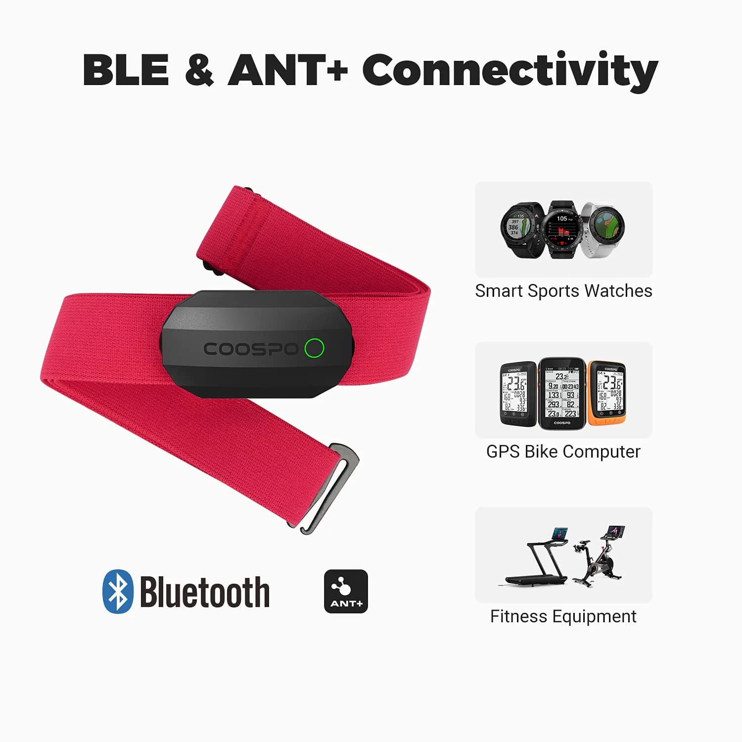 CooSpo H808S Heart Rate Monitor Chest Strap - Black Red | ±1BPM Accurate, ANT+ BLE Dual Mode, IP67 Waterproof, 300H Battery - view 3