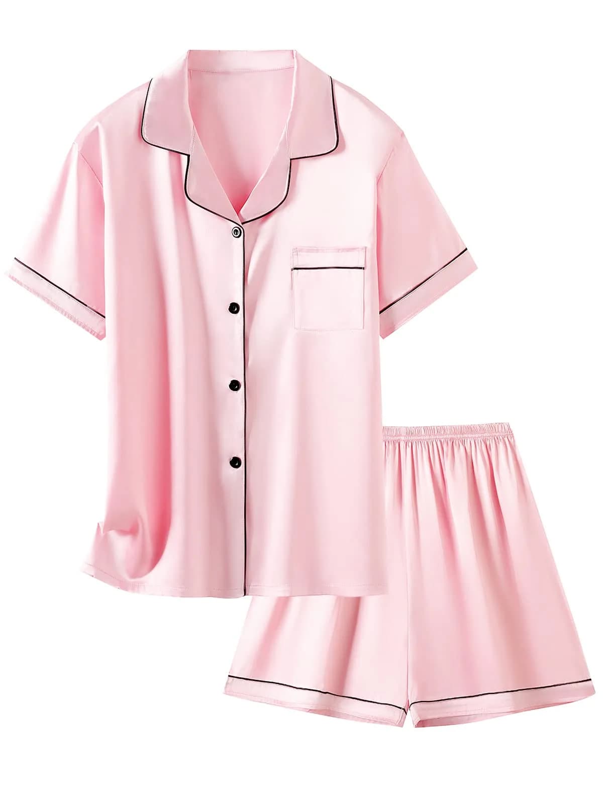 Schbbbta Satin Pajamas for Girls, 2 Pcs Short Silk Set, Bright Pink, 11-12 Years | Comfortable Summer Sleepwear