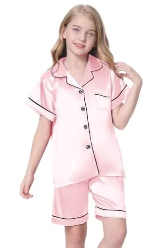 Schbbbta Satin Pajamas for Girls, 2 Pcs Short Silk Set, Bright Pink, 11-12 Years | Comfortable Summer Sleepwear thumbnail 4