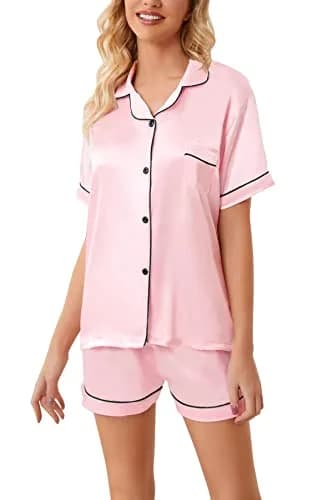 Schbbbta Satin Pajamas for Girls, 2 Pcs Short Silk Set, Bright Pink, 11-12 Years | Comfortable Summer Sleepwear thumbnail 5
