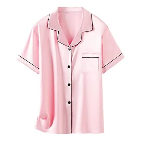 Schbbbta Satin Pajamas for Girls, 2 Pcs Short Silk Set, Bright Pink, 11-12 Years | Comfortable Summer Sleepwear thumbnail 7