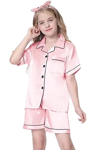 Schbbbta Satin Pajamas for Girls, 2 Pcs Short Silk Set, Bright Pink, 11-12 Years | Comfortable Summer Sleepwear thumbnail 2