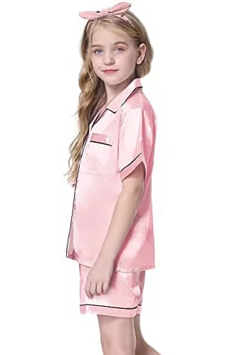 Schbbbta Satin Pajamas for Girls, 2 Pcs Short Silk Set, Bright Pink, 11-12 Years | Comfortable Summer Sleepwear thumbnail 3