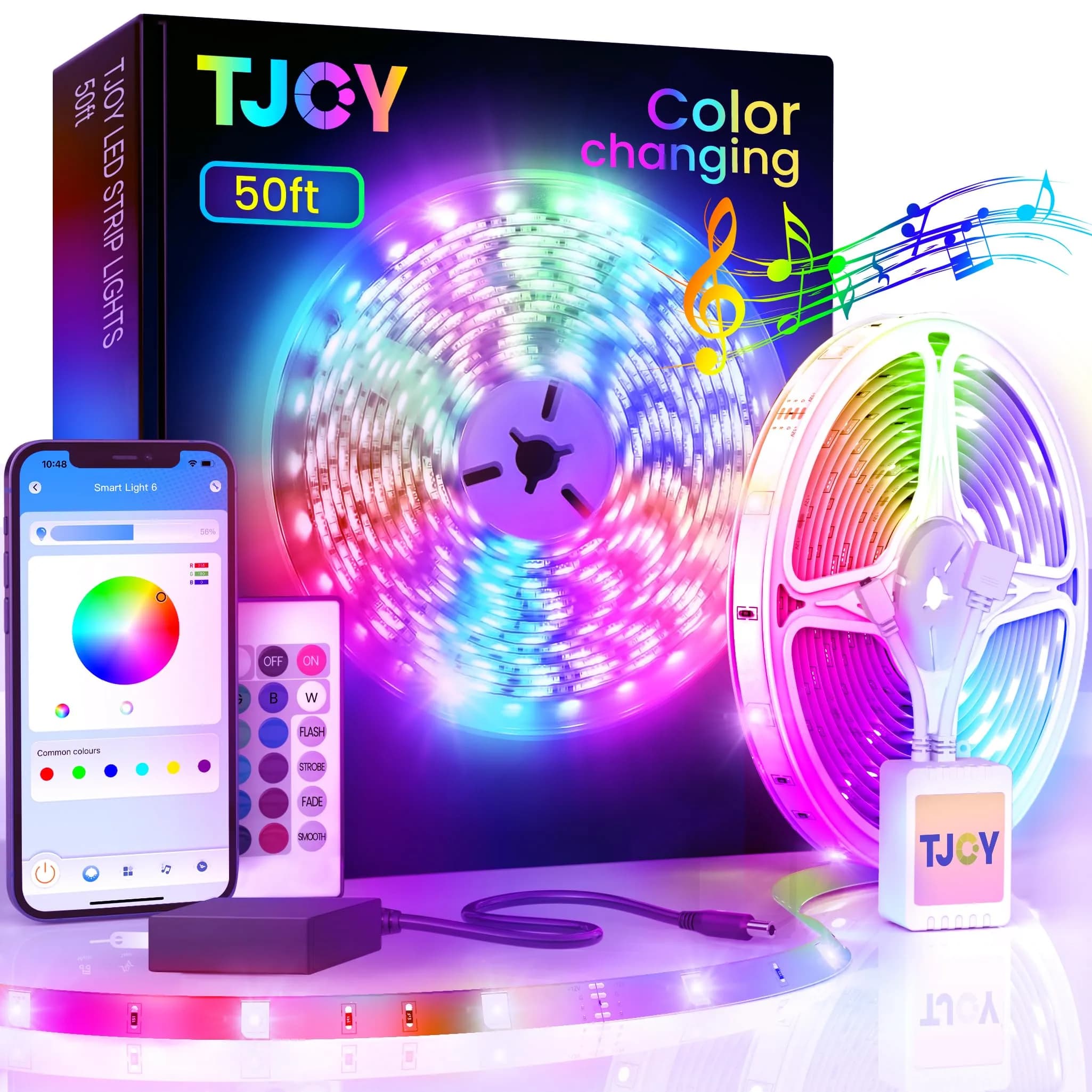 TJOY 50ft Bluetooth LED Strip Lights | RGB Color Changing Lights with Phone & Mic Control thumbnail 1