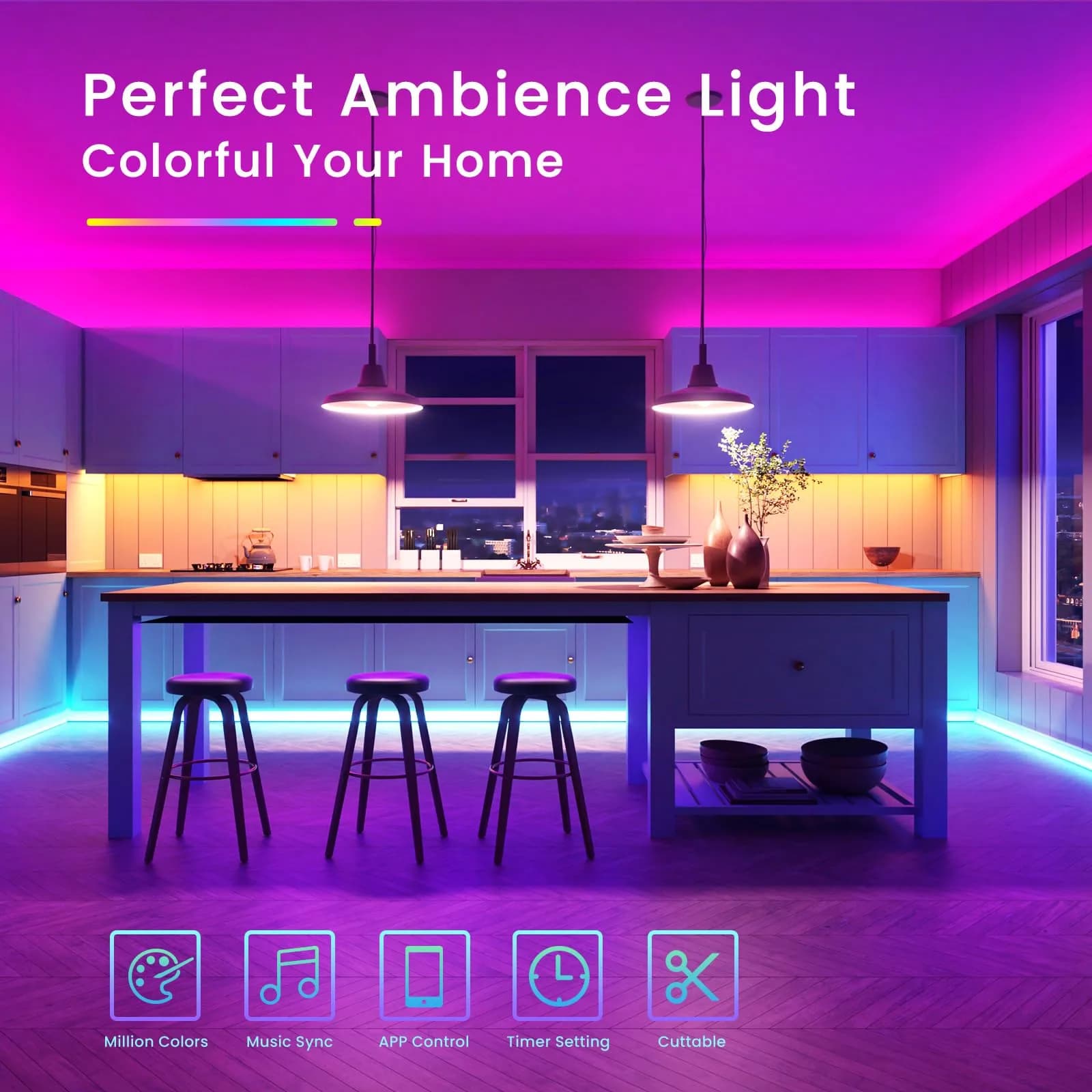 TJOY 50ft Bluetooth LED Strip Lights | RGB Color Changing Lights with Phone & Mic Control thumbnail 2