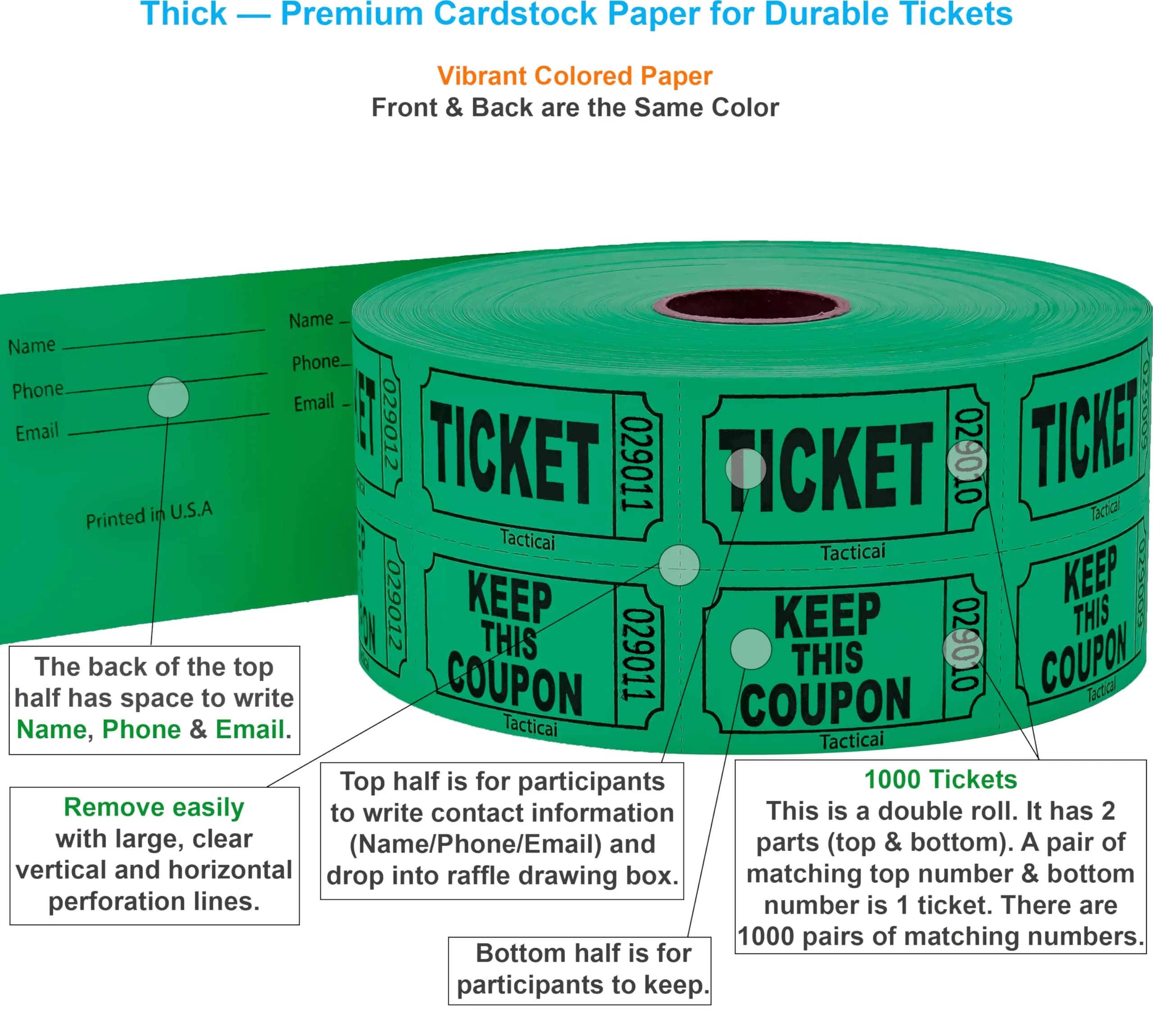 Tacticai Green Raffle Tickets Double Roll, 1000 Tickets | Event Entry & Fundraiser Tickets - view 2