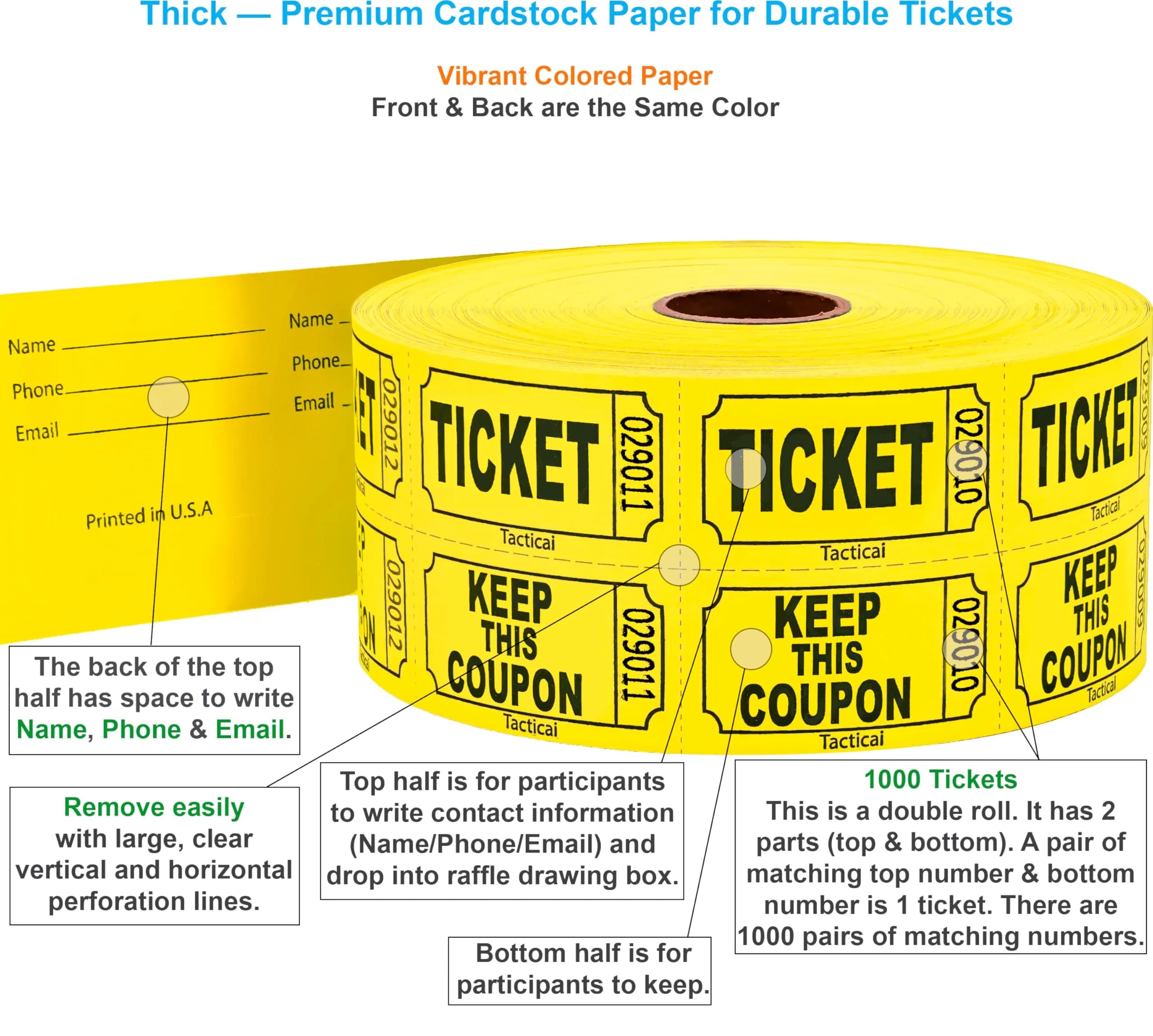 Tacticai Raffle Tickets Double Roll 1000 Count Yellow | Smooth Ink Flow Office Product - view 2