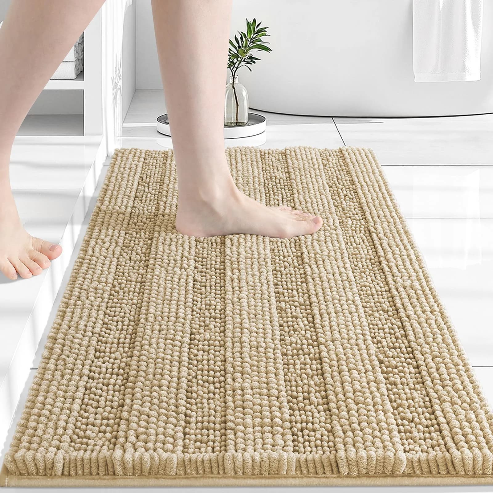 Grandaily Chenille Bathroom Rugs 30x20 | Soft Absorbent Bath Mat, Beige, Anti-Skid, Quick-Dry