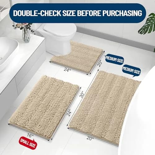 Grandaily Chenille Bathroom Rugs 30x20 | Soft Absorbent Bath Mat, Beige, Anti-Skid, Quick-Dry thumbnail 2